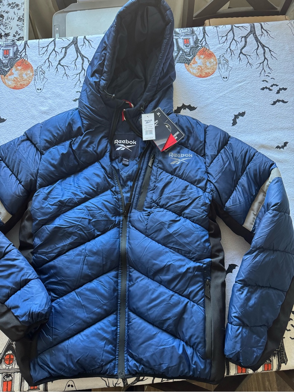 Reebok Navy Blue Hooded Puffer Jacket with Gray Accents